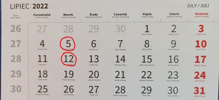 Kalendarz na lipiec 2022