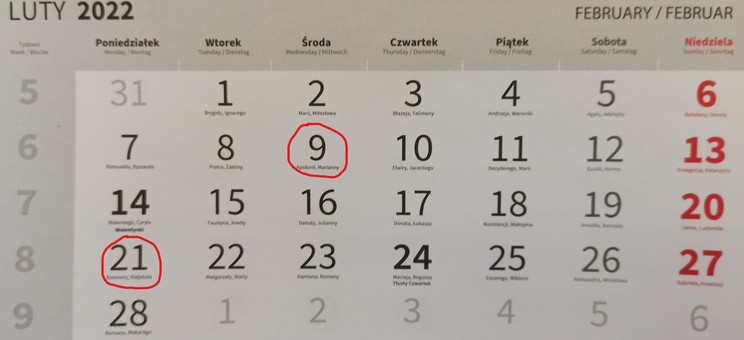 Grafika do informacji, terminy na kalendarzu w lutym 2022