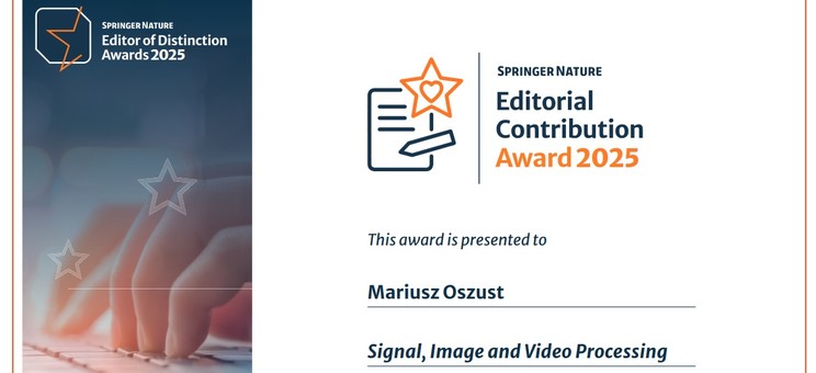 Certyfikat potwierdzający otrzymanie nagrody "Editorial Contribution Award" dla Mariusza Oszusta