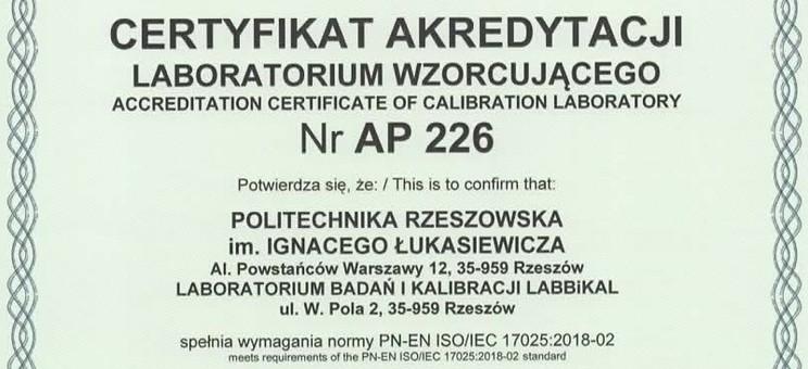 Certyfikat akredytacji AP 226 (nagłówek)