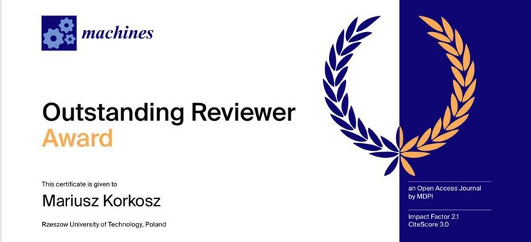Certyfikat potwierdzający otrzymanie nagrody "Outstanding Reviewer" dla Profesora Mariusza Korkosza