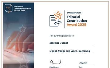 Certyfikat potwierdzający otrzymanie nagrody "Editorial Contribution Award" dla Mariusza Oszusta